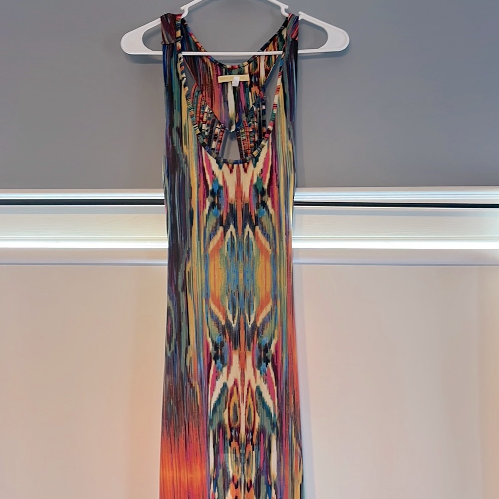Multi colored maxi dress size large with open back.
